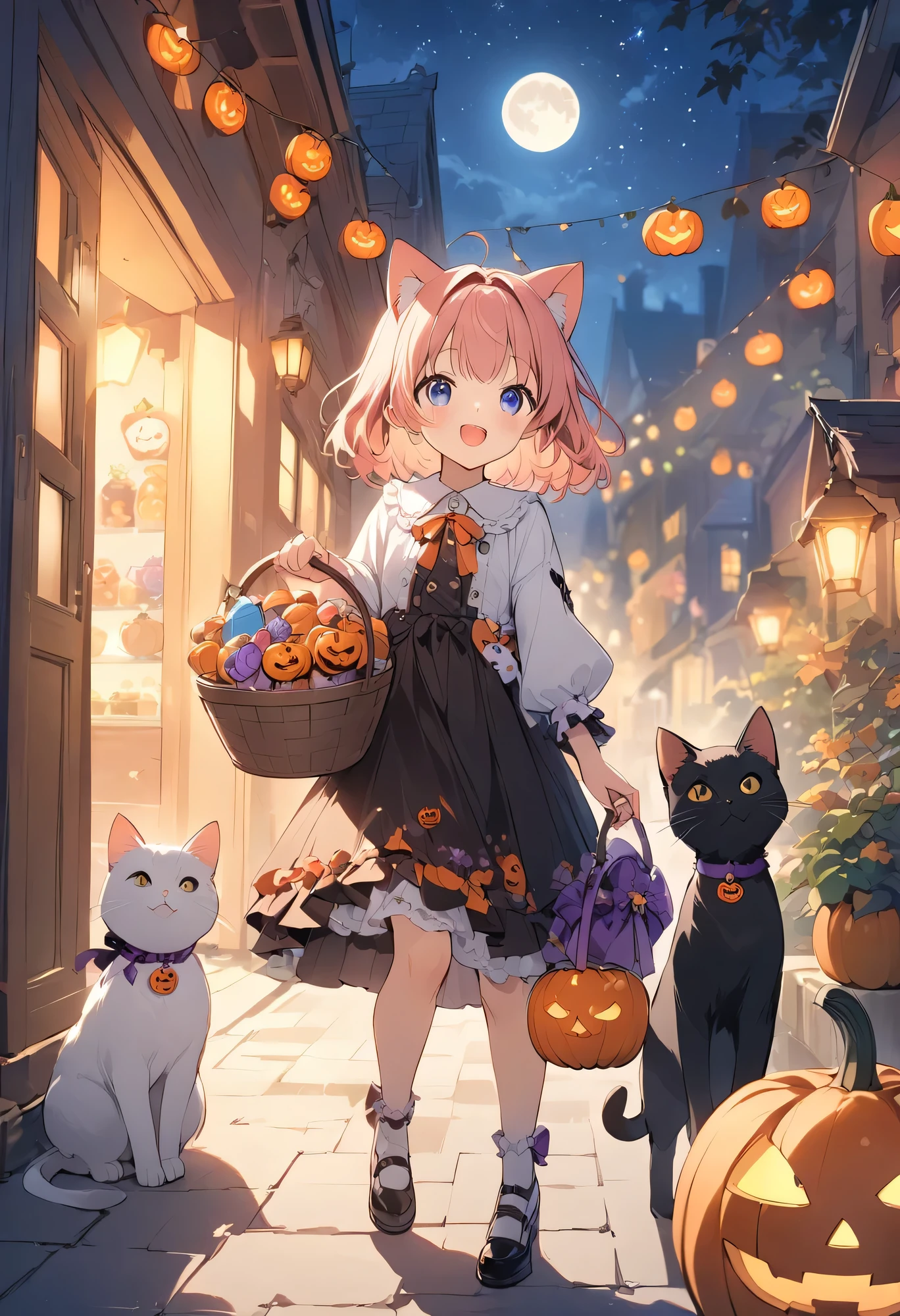 Best Quality、 Kampala 、(High image quality:1.2)、masterpiece、 detailed background、 Halloween Night、 the city is colored with colorful decorations and lights 、 the ren are going outside in costumes 、Little witches and fairies 、ren transformed into pirates tour homes one by one、「 Trick or Treat！」, and a jack-o'-lantern is lit at the entrance of 、 and the girl is a cute, fluffy black cat ren wearing costumes 、, the adults also smile and hand sweets to the ren 、 She is holding a pumpkin bucket full of sweets in her hand 、 with her friends 、 running around the city 、Home々 a jack-o-lantern is lit at the entrance of 、 The warm orange light slightly illuminates the night city 、 and receives sweets while shouting in a cheerful voice 、 the scene is wrapped in a very peaceful and fun atmosphere 、The stars shine in the night sky、 the moon is brightly illuminating 、 Among them The ren are enjoying the special night of Halloween to their heart's content with their friends、 The figure looks like they are spending a dreamy moment 、cute