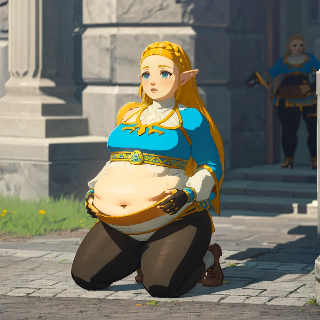 best quality, high rating, correct anatomy, uhd, high resolution, (hyper detailed), flawless, detailed, c.cu(artist), blushyspicy(artist), spellsx(artist), kipteitei(artist),(Perfect Face), 
(Zelda((Brearh_of_the_Wild))), 1girl, long hair,blonde hair, braids in hair ,earrings, elf ears, blue eyes,blue tunic over white undershirt, blue tunic with golden accents, leather gloves, black tights, leather boots, ((belly in blue tunic, covered shoulders and arms, exposed belly)),


1girl, cute face, horny, embarrassed, detailed eyes,

enormous belly, fat belly, thicc, bigger belly, really big belly, jiggly belly, giant huge belly, big enormous belly, ((((gigantic belly)))), bloated belly, fat belly, ginormous big belly, expanding big belly, ((holding her bbelly with her hands)), deep navel:1.4, navel outline, sitting on the ground, immoble, spread legs, obese belly between legs, botw style, (((covered shoulders:1.4)))