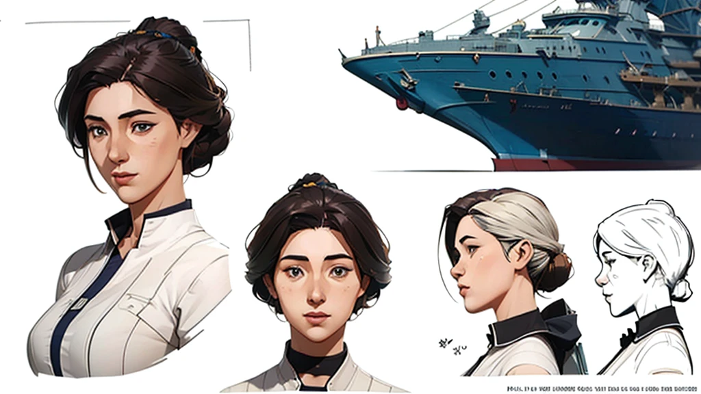 ((character concept art)), ((character design sheet, same character, front view)), (full body), Sci-fi, cassette futurism, (masterpiece), (Best quality), (perfect face), illustration, 1girl, ship builder, mature age, (thick thighs), detailed hair, pretty face, happy, plain background