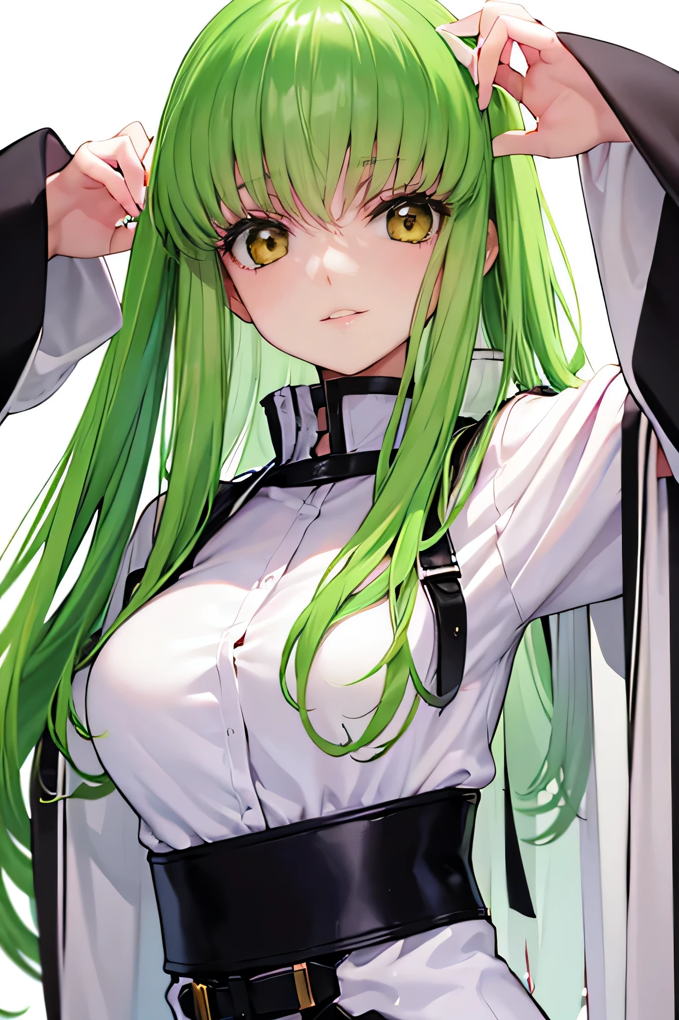 masterpiece, best quality,
1girl, c.c., bangs,  green hair, long hair, yellow eyes, 
bodysuit, straitjacket,
upper body, smile, solo, looking at viewer, simple background, white background,    