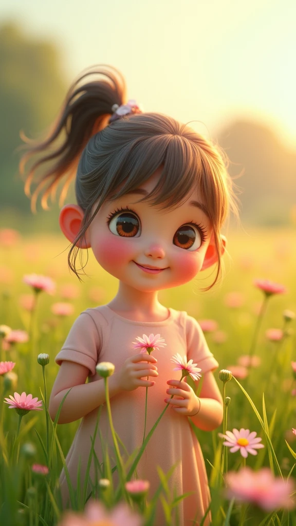  a cheerful girl playing in a flower field, ,  beautiful DETAILED eyes ,   Beautiful detailed lips ,  extremely detailed face ,  long eyelashes,  vibrant colorful flowers , warm sunlight,  gram green lush ,  peaceful countryside , serene atmosphere,  soft pastel cores , diffused natural lighting , ( better quality,4K,8k,highres, masterpiece:1.2), ultra-detailed ,(realistic,  photorealistic  , photo-realistic art:1.37),vibrant colors,Highly detailed,intricate details,  professional photograph  