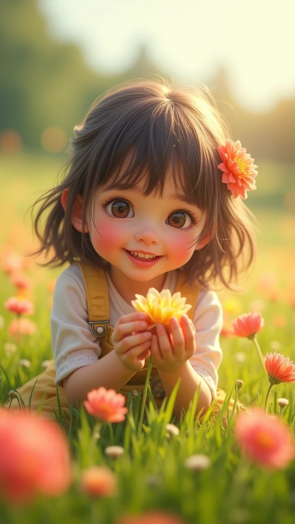  a cheerful girl playing in a flower field, ,  beautiful DETAILED eyes ,   Beautiful detailed lips ,  extremely detailed face ,  long eyelashes,  vibrant colorful flowers , warm sunlight,  gram green lush ,  peaceful countryside , serene atmosphere,  soft pastel cores , diffused natural lighting , ( better quality,4K,8k,highres, masterpiece:1.2), ultra-detailed ,(realistic,  photorealistic  , photo-realistic art:1.37),vibrant colors,Highly detailed,intricate details,  professional photograph  