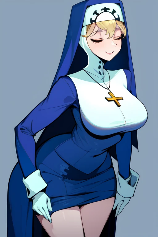 Double, short blonde hair, nun uniform, medium breasts, solo, 1girl, smiling, cowboy shot, closed eyes, 
 blue habit, cross necklace ,white gloves, long sleeves, nun, long skirt
(insanely detailed, beautiful detailed face,beautiful detailed eyes, masterpiece, best quality), sexy pose,