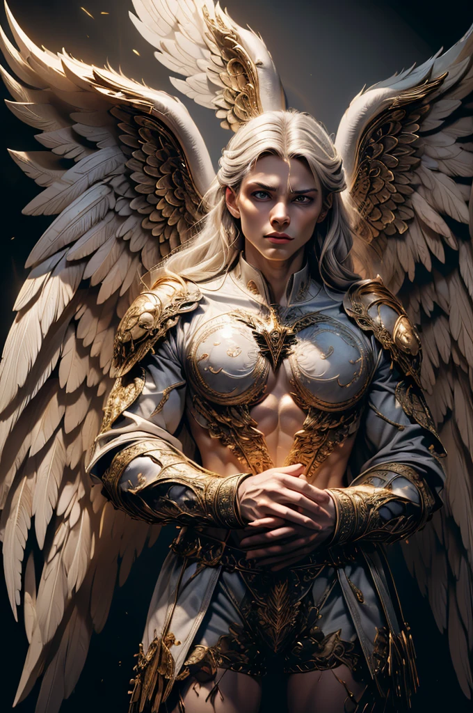 a muscular, thin and defined archangel with multiple golden and blue eyes, six wings, long grey hair, hermaphrodite,wearing a lab coat and shorts, highly detailed, photorealistic, 8k, masterpiece, chiaroscuro lighting, dramatic composition, cinematic lighting, dramatic pose, hyperrealistic, intricate details, award winning digital art
