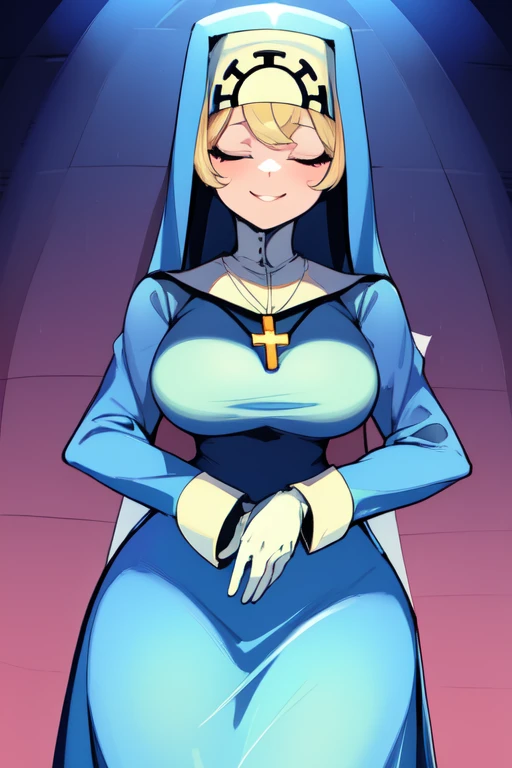 Double, short blonde hair, nun uniform, medium breasts, solo, 1girl, smiling, cowboy shot, closed eyes, 
 blue habit, cross necklace ,white gloves, long sleeves, nun, long skirt
(insanely detailed, beautiful detailed face,beautiful detailed eyes, masterpiece, best quality), sexy skirt