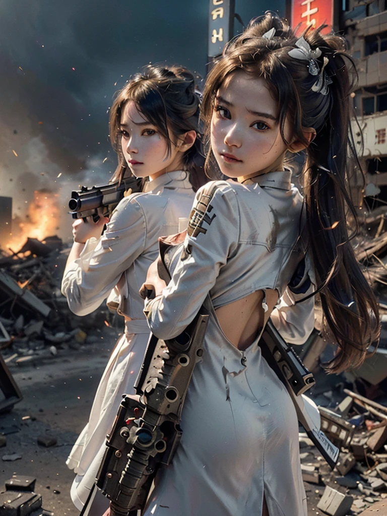 Highest quality, Realistic, (Photo Realistic:1.35), Award-winning photography, (Intricate details), (Subtle details), (Intricate details), (Cinematic Light), Sharp focus, 

((2girl)), ((Beautiful twin)), 
((posing with their backs together:1.45)),
((gun aiming at viewer:1.40)), 
break 

(wearing matching  coats), 
Twin sisters wearing matching elegant coats, 

((Small Face Beauty)), 
(Hair blowing in the wind), 
(Eyes chasing prey), 
beautiful face, detailed face, 
An exceptionally beautiful face, 
Perfect Human Anatomy, 
Transparent soft white skin, 
break 

((battlefield)), (Destroyed rubble, collapsed buildings, gunfire, explosions), 

(cinematic lighting), 
light particles, 
shine, glint,
Expressing emotions, 
Have a rich imagination,
Professional Lighting, 
Professional photographer, 

(depth of field:1.30), 
