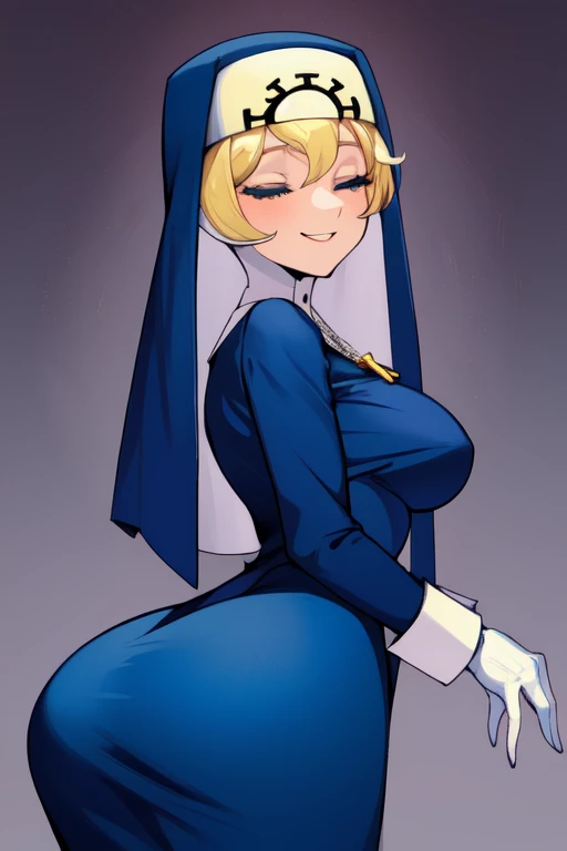 Double, short blonde hair, nun uniform, medium breasts, solo, 1girl, smiling, cowboy shot, closed eyes, 
 blue habit, cross necklace ,white gloves, long sleeves, nun, long skirt
(insanely detailed, beautiful detailed face,beautiful detailed eyes, masterpiece, best quality), sexy butt, patting butt