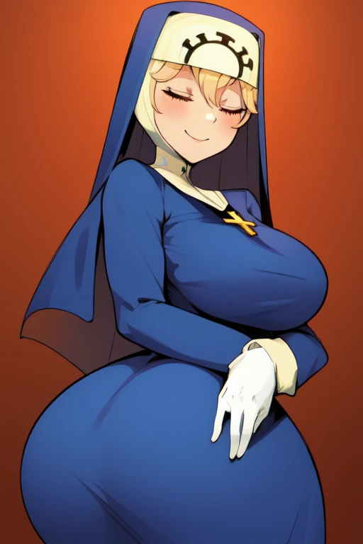 Double, short blonde hair, nun uniform, medium breasts, solo, 1girl, smiling, cowboy shot, closed eyes, 
 blue habit, cross necklace ,white gloves, long sleeves, nun, long skirt
(insanely detailed, beautiful detailed face,beautiful detailed eyes, masterpiece, best quality), sexy butt, patting butt