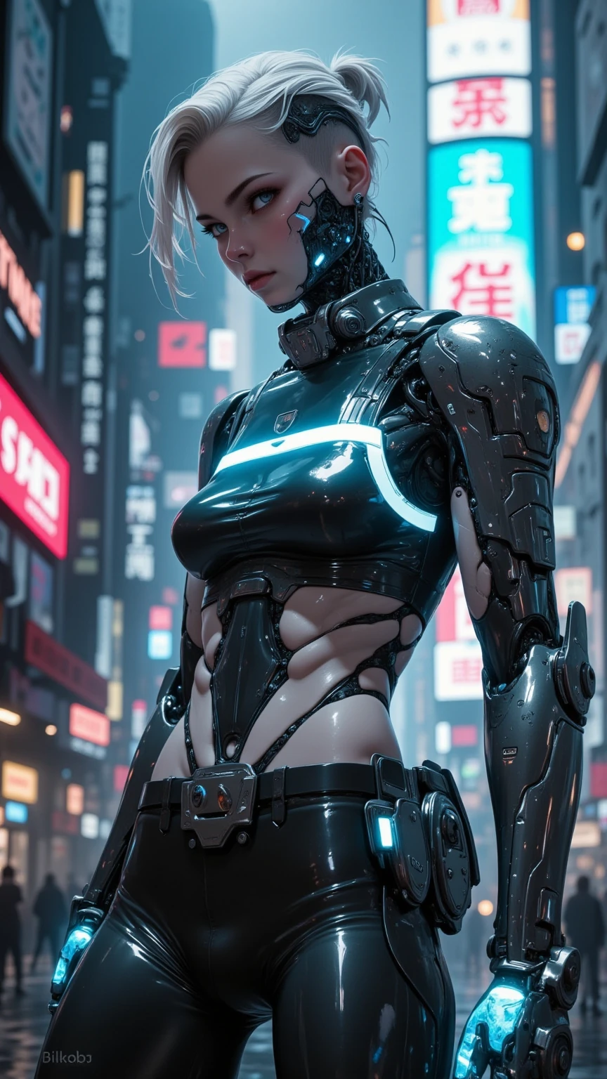 photo, photorealistic, Gorgeous sexy muscular (skinny) cyborg girl, (battle angel alita), (white glowing eyes:1.5), (cyborg body:1.65), (metallic cyborg arms, legs, & torso:1.65), goth makeup, (masculine muscular physique:1.25), low cut hair, (veiny muscles:1.25), flat chest, (Wide chest & shoulders:1.25), (photorealistic style:1.25),