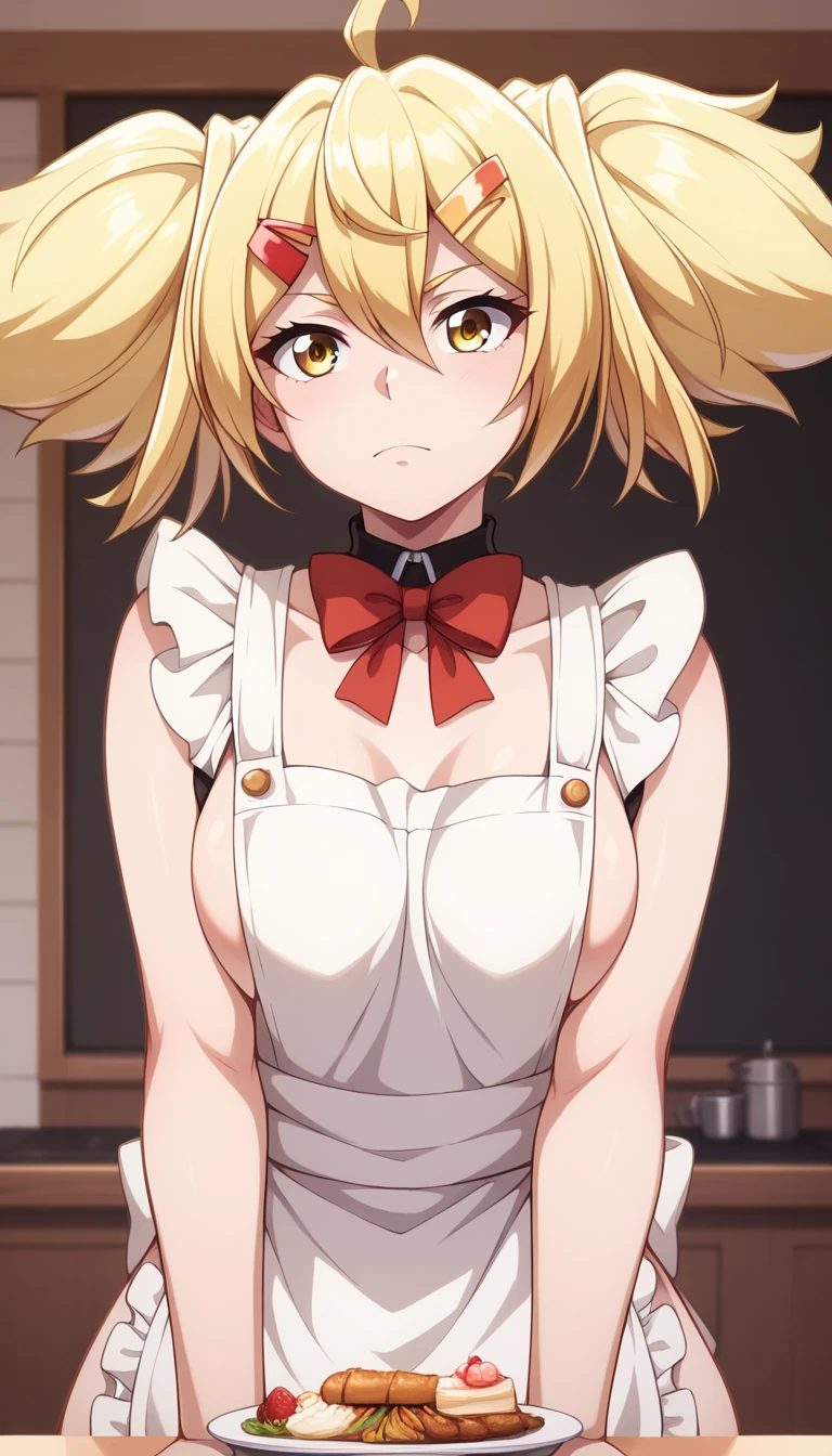 OiKatzo, yellow eyes, blonde hair, hair between eyes, bangs, short twintails, twintails, hairclip, hair ornament, breasts, hair Suspender Naked Apron, 