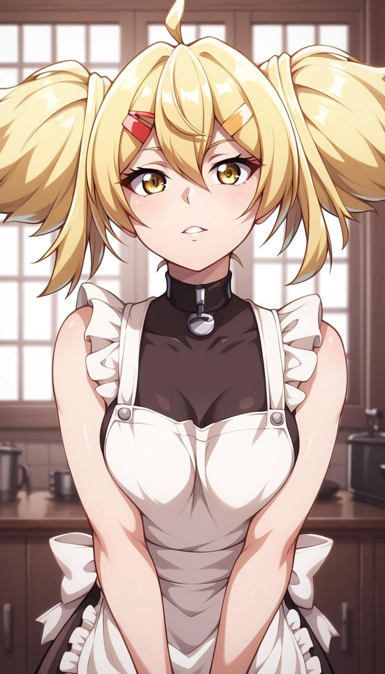 OiKatzo, yellow eyes, blonde hair, hair between eyes, bangs, short twintails, twintails, hairclip, hair ornament, breasts, hair Suspender Naked Apron, 