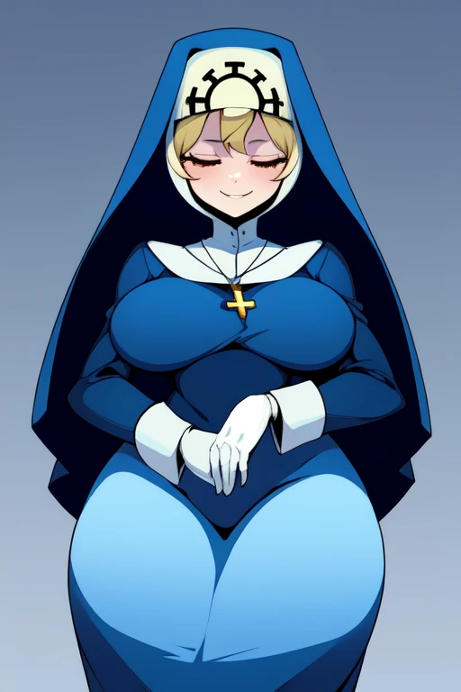 Double, short blonde hair, nun uniform, medium breasts, solo, 1girl, smiling, cowboy shot, closed eyes, 
 blue habit, cross necklace ,white gloves, long sleeves, nun, long skirt
(insanely detailed, beautiful detailed face,beautiful detailed eyes, masterpiece, best quality), sexy breast, patting breasts 