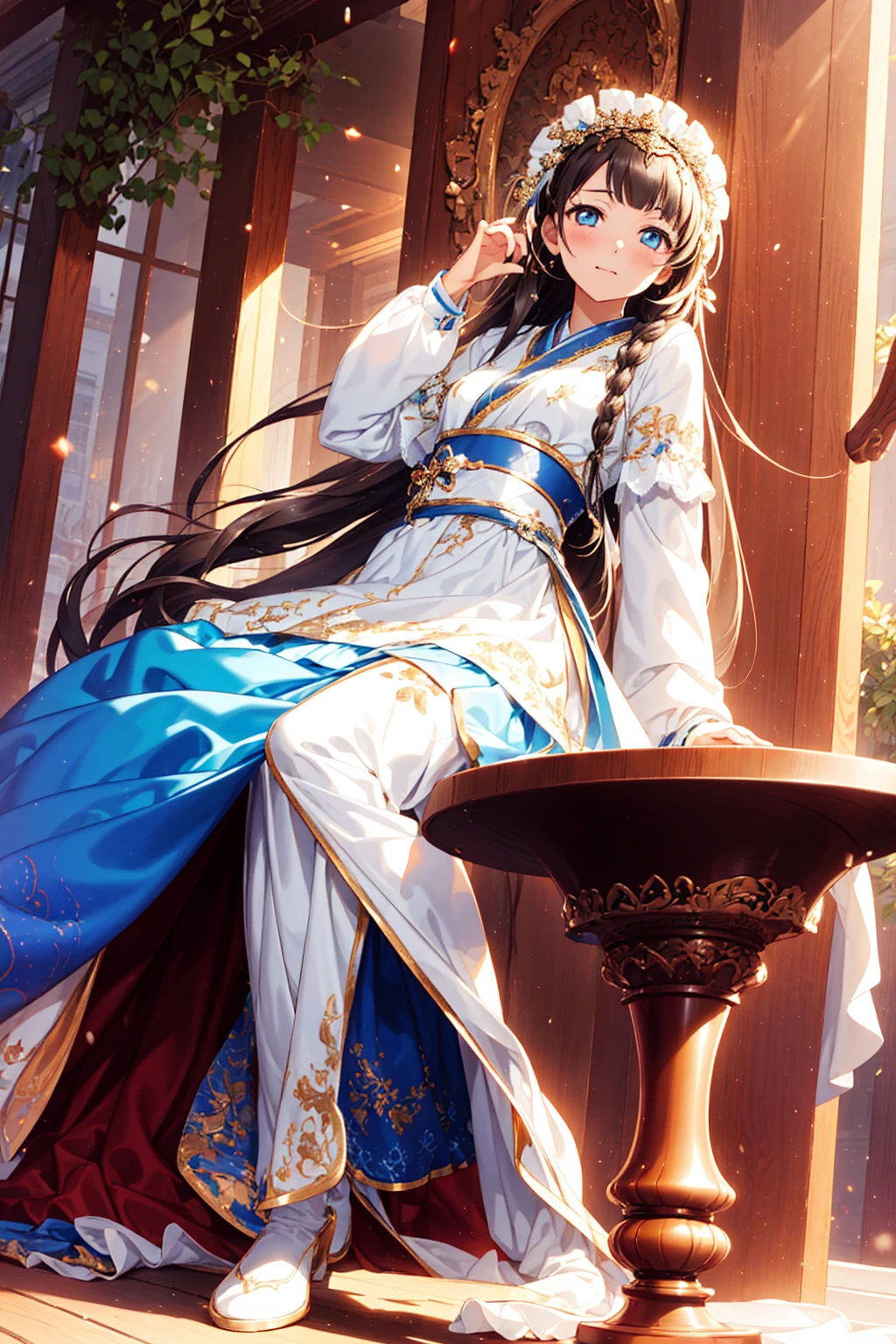 Winter Hanfu,  Crystal Clear ,  Glittering , Otherworldly, ( Fascinating and Amazing ),  high resolution ,  super detailed ,  beautiful , masterpiece,  best quality, (Gorgeous:1.2), (dream), (ethereal:1.2),  long hair fluttering ,  Delicate White Lace Dress , (Headdress:1.2), (Sunset) background, (Soft) light, (Romantic), (Nostalgia:1.2), (peaceful), (mystery), (female),  Delicate White Lace Dress {x} Delicate Light Blue Eyes,  Detailed Shiny Dark Hair ,  Impressive Castle ,  Towering Tower , Winding bridges, Flowing fountain,  Glittering 枝形吊灯, Gorgeous Details ,  Lush Garden ,  Colorful Flowers  , Magical Creatures, dream atmosphere