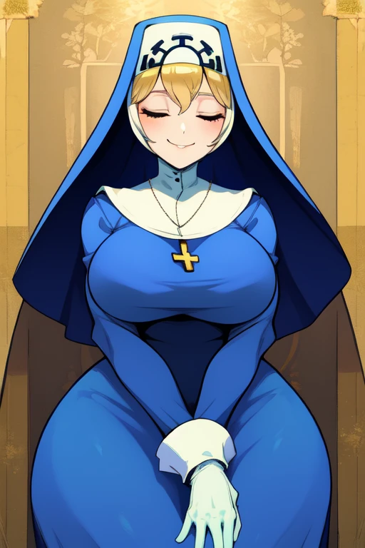 Double, short blonde hair, nun uniform, medium breasts, solo, 1girl, smiling, cowboy shot, closed eyes, 
 blue habit, cross necklace ,white gloves, long sleeves, nun, long skirt
(insanely detailed, beautiful detailed face,beautiful detailed eyes, masterpiece, best quality), sexy hips, patting hips 