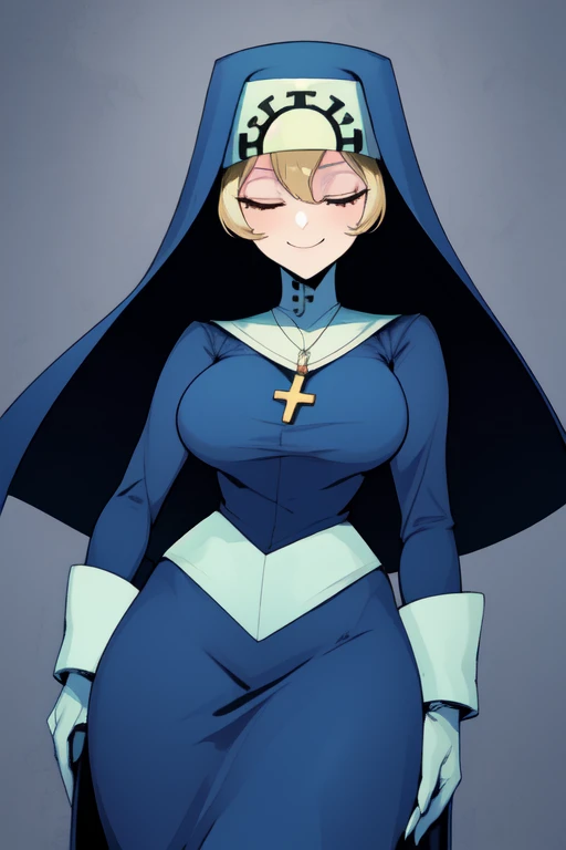 Double, short blonde hair, nun uniform, medium breasts, solo, 1girl, smiling, cowboy shot, closed eyes, 
 blue habit, cross necklace ,white gloves, long sleeves, nun, long skirt
(insanely detailed, beautiful detailed face,beautiful detailed eyes, masterpiece, best quality), sexy hips, patting hips 