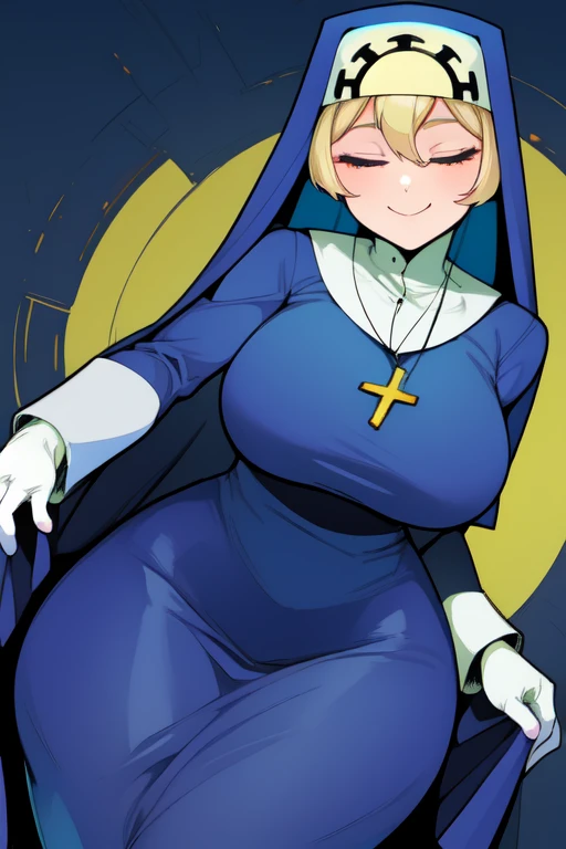 Double, short blonde hair, nun uniform, medium breasts, solo, 1girl, smiling, cowboy shot, closed eyes, 
 blue habit, cross necklace ,white gloves, long sleeves, nun, long skirt
(insanely detailed, beautiful detailed face,beautiful detailed eyes, masterpiece, best quality), sexy thighs, patting thighs 