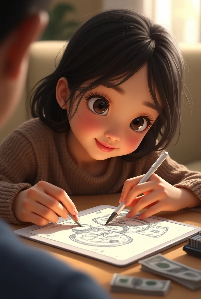 A cute girl while looking at me sketching money on an iPad Pro using a man's real hand instead of an Apple Pencil 