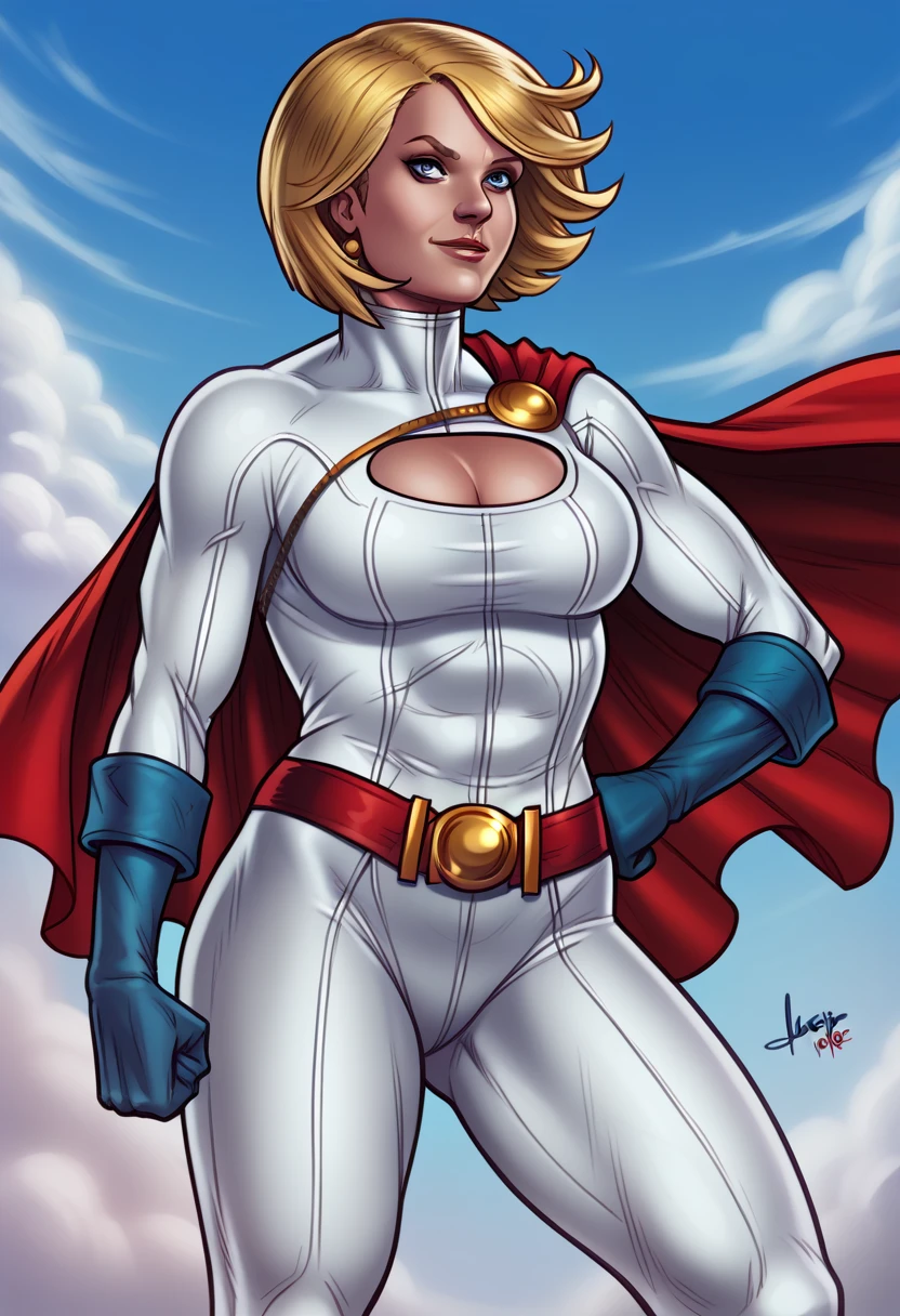 (8K, La Better quality,  masterpiece :1.2)Neon goddess, (realistic), (superheroine powergirl flying over the planet on a battlefield,)), (He has a look of disdain on his face), (POWERGIRL has blonde hair, has short hair)), (PowerGirl with her big cleavage and ), (She's on a symbol), (A pinup girl) (Power Girl with a white bodysuit, Blue gloves and boots, and a red cape), Better quality) 1.5, 1girl, Alone, (sexy, beautiful woman, Perfect face,  perfect eyes ), cuerpo completo.