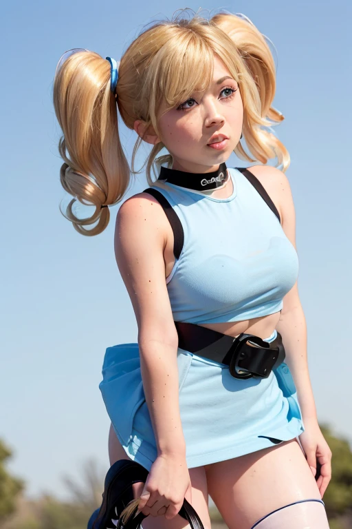 jennette McCurdy (bubbles)
(blonde hair, blue eyes, short twintails, pigtails)
(dress, sky-blue sleeveless dress, black belt, white thighhighs, black footwear)
