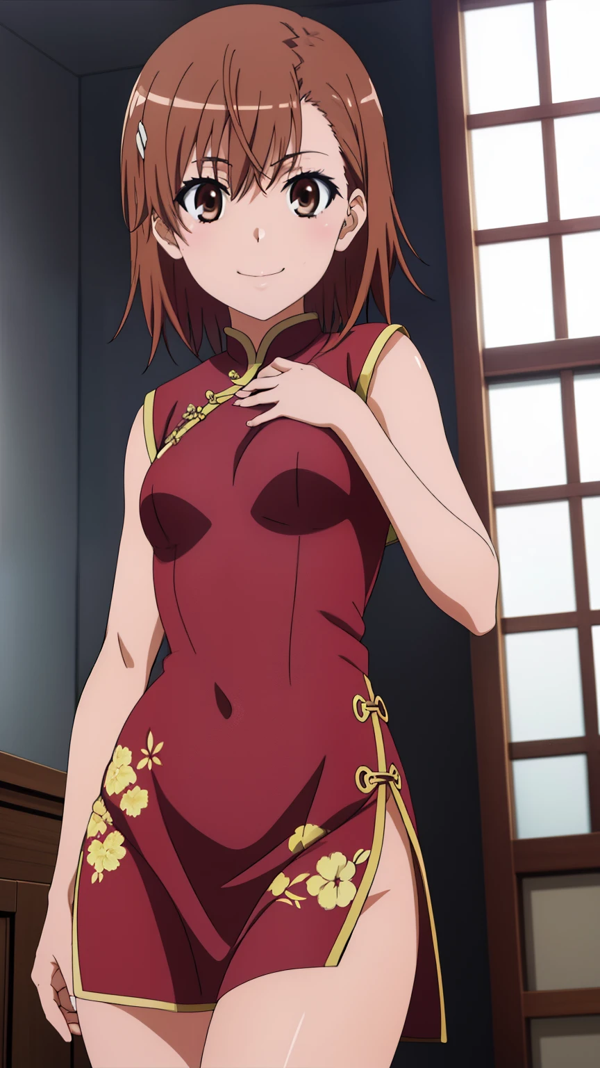 (masterpiece, best quality, 8k:1.2),Very detailed, (anime:1.1), misaka_mikoto, brown hair, short hair, hairpin,  medium breasts, 1girl, (China dress, Chinese Martial Arts), cowboy shot, looking at viewer,smile,thighhighs,slit,smile,nsfw,arms behind back,sweating