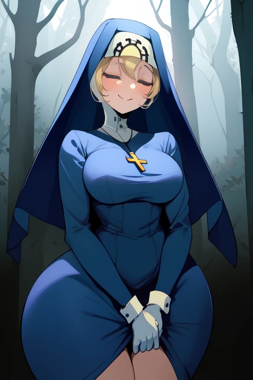 Double, short blonde hair, nun uniform, medium breasts, solo, 1girl, smiling, cowboy shot, closed eyes, 
 blue habit, cross necklace ,white gloves, long sleeves, nun, long skirt, worried look, cold, forest 
(insanely detailed, beautiful detailed face,beautiful detailed eyes, masterpiece, best quality), standing, thighs shaking 