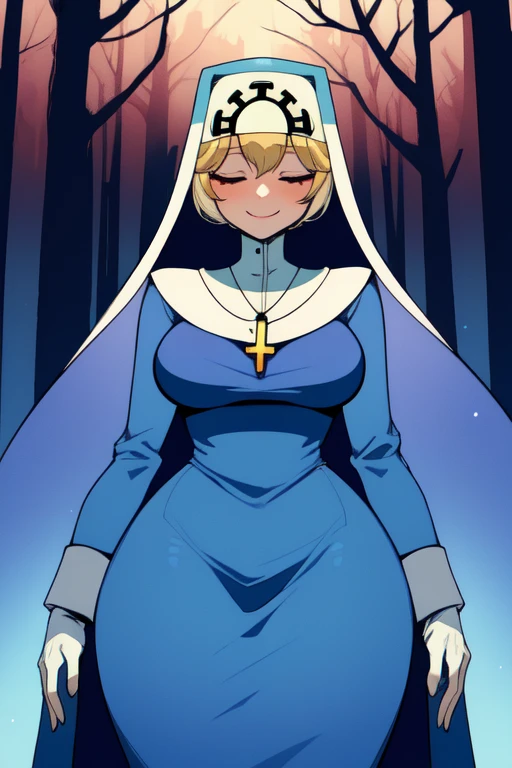 Double, short blonde hair, nun uniform, medium breasts, solo, 1girl, smiling, cowboy shot, closed eyes, 
 blue habit, cross necklace ,white gloves, long sleeves, nun, long skirt, worried look, cold, forest 
(insanely detailed, beautiful detailed face,beautiful detailed eyes, masterpiece, best quality), standing, thighs shaking 