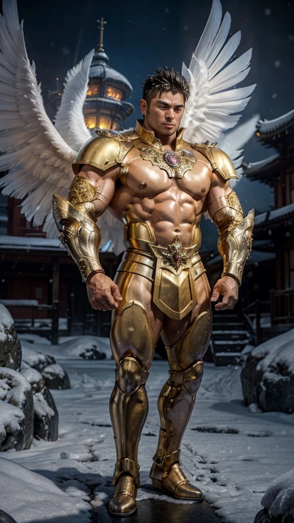 ultra high res, best quality, photo, 4K, (photorealistic:1.4), Muscular man, abdominal muscle, wearing medieval gold armor, detailed feathers, cyberpunk environment, snow and  environment in the background, cathedral of , portal of the future, volumetric light, HD, magic, god light, backlighting, detailed face, contrasted, good lookingな日本人、Very big body、 bodybuilder、good looking、Very tall、 manly face、 Angel's Big Wings、Muscular、 big, strong body、Realistic、 metallic shining costume、The background is the Temple of Night 