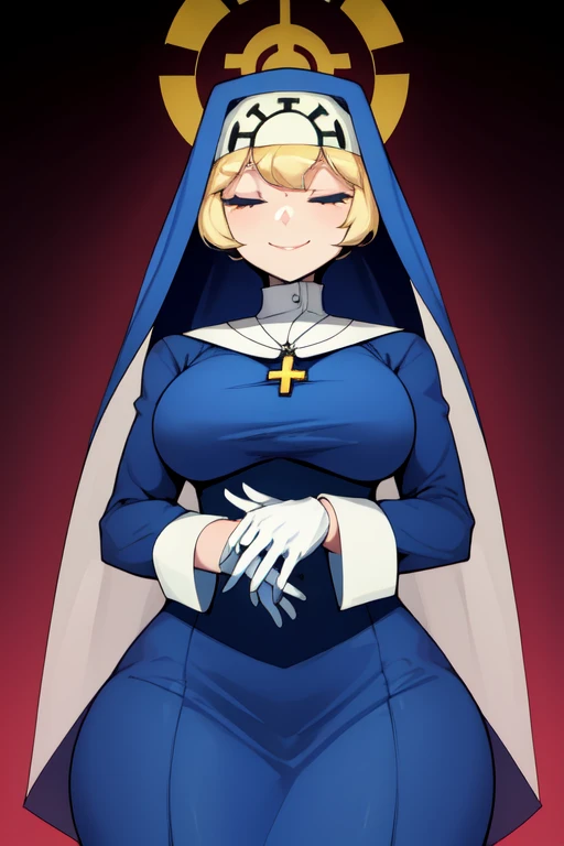 Double, short blonde hair, nun uniform, medium breasts, solo, 1girl, smiling, cowboy shot, closed eyes, 
 blue habit, cross necklace ,white gloves, long sleeves, nun, long skirt
(insanely detailed, beautiful detailed face,beautiful detailed eyes, masterpiece, best quality), sexy thighs, looking underneath 