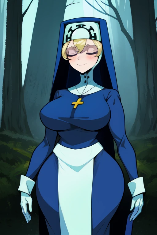 Double, short blonde hair, nun uniform, medium breasts, solo, 1girl, smiling, cowboy shot, closed eyes, 
 blue habit, cross necklace ,white gloves, long sleeves, nun, long skirt, worried look, cold, forest 
(insanely detailed, beautiful detailed face,beautiful detailed eyes, masterpiece, best quality), standing, thighs shaking 