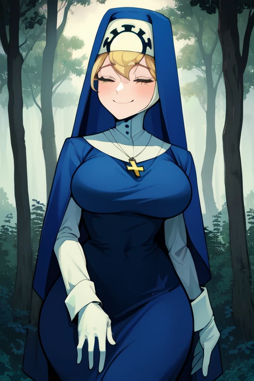 Double, short blonde hair, nun uniform, medium breasts, solo, 1girl, smiling, cowboy shot, closed eyes, 
 blue habit, cross necklace ,white gloves, long sleeves, nun, long skirt, worried look, cold, forest 
(insanely detailed, beautiful detailed face,beautiful detailed eyes, masterpiece, best quality), standing, thighs shaking 