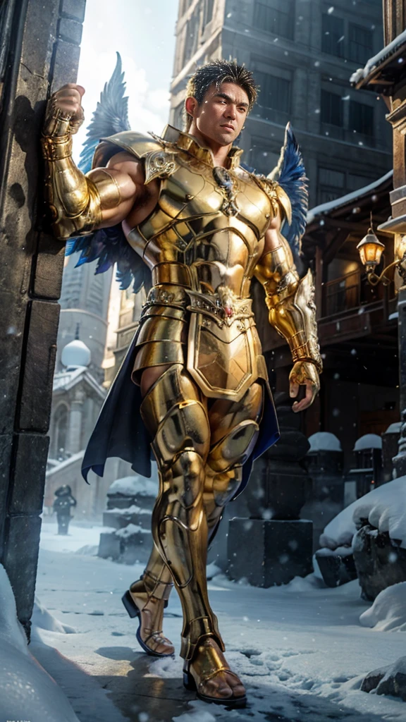 ultra high res, best quality, photo, 4K, (photorealistic:1.4), Muscular man, abdominal muscle, wearing medieval gold armor, detailed feathers, cyberpunk environment, snow and  environment in the background, cathedral of , portal of the future, volumetric light, HD, magic, god light, backlighting, detailed face, contrasted, good lookingな日本人、Very big body、 bodybuilder、good looking、Very tall、 manly face、Big angel wings、Muscular、big strong body 、Realistic、 metallic shining costume、The background is the Temple of Night 