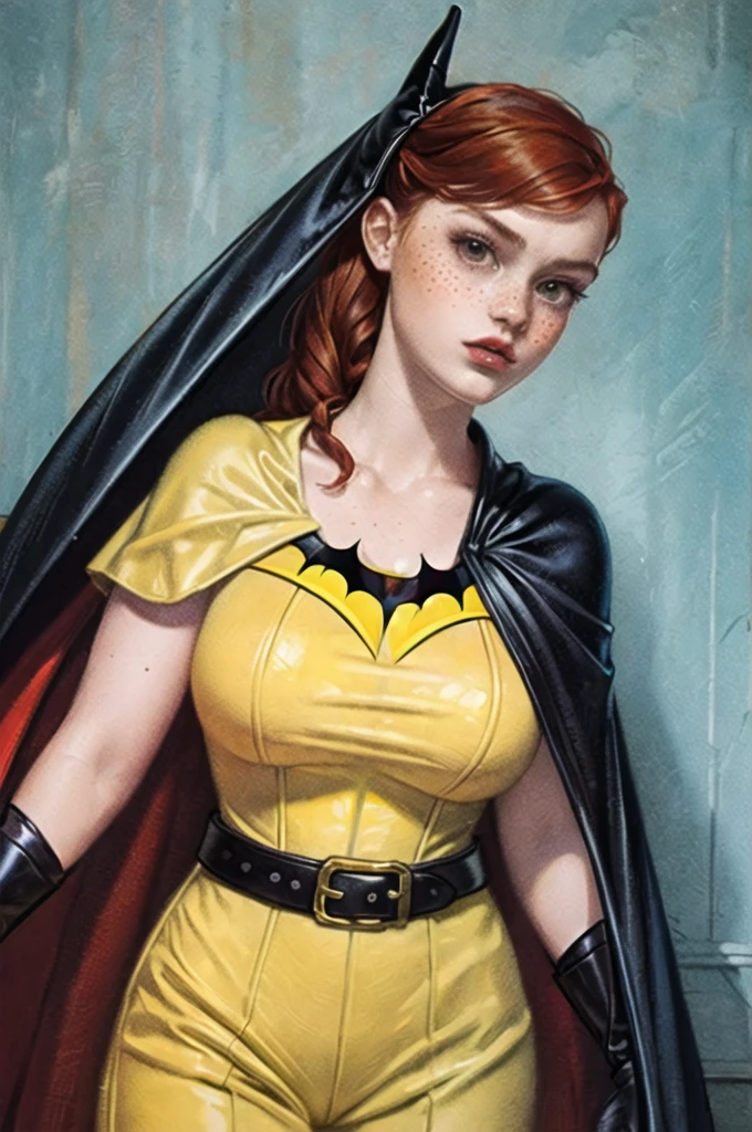 one person, one woman, a drawing, a painting, illustration, EdgarDegras, detailed woman portrait with black hair, 18 year old woman, sadie sink, red hair, freckles, pubic hair, perfect nipples, perfect vulva, glistening skin, batgirl costume, yellow purple and gray costume, batgirl, classic batgirl, purple jumpsuit, yellow belt, yellow cape, batgirl cape, enormous breasts, big fake tits