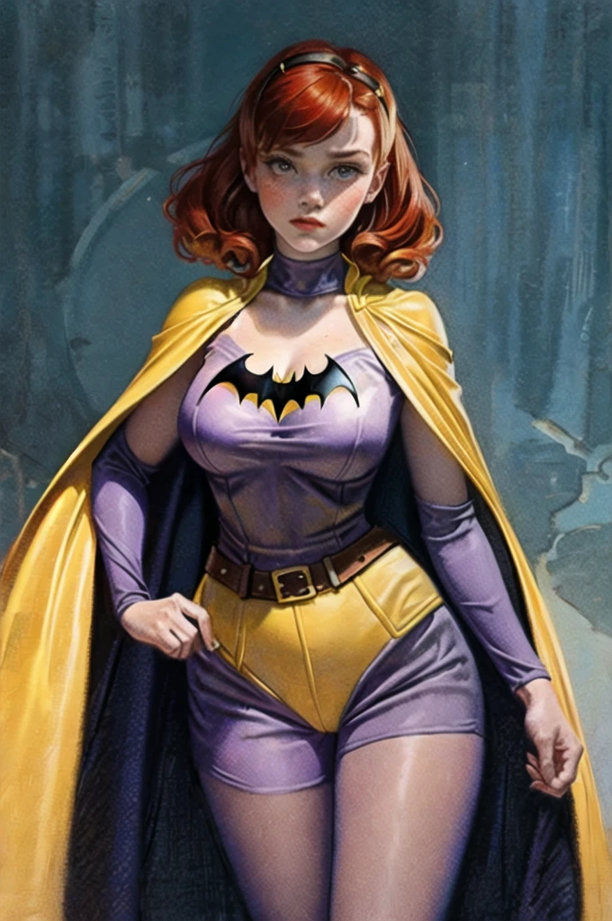 one person, one woman, a drawing, a painting, illustration, EdgarDegras, detailed woman portrait with black hair, 18 year old woman, sadie sink, red hair, freckles, pubic hair, perfect nipples, perfect vulva, glistening skin, batgirl costume, yellow purple and gray costume, batgirl, classic batgirl, purple jumpsuit, yellow belt, yellow cape, batgirl cape, enormous breasts, big fake tits