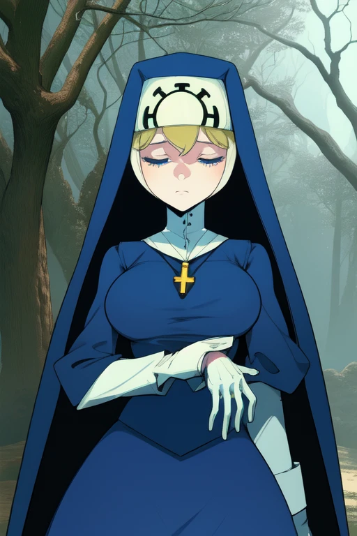 Double, short blonde hair, nun uniform, medium breasts, solo, 1girl, cowboy shot, closed eyes, 
 blue habit, cross necklace ,white gloves, long sleeves, nun, long skirt, sad look, cold, forest 
(insanely detailed, beautiful detailed face,beautiful detailed eyes, masterpiece, best quality), standing, skirt got stuck by branch