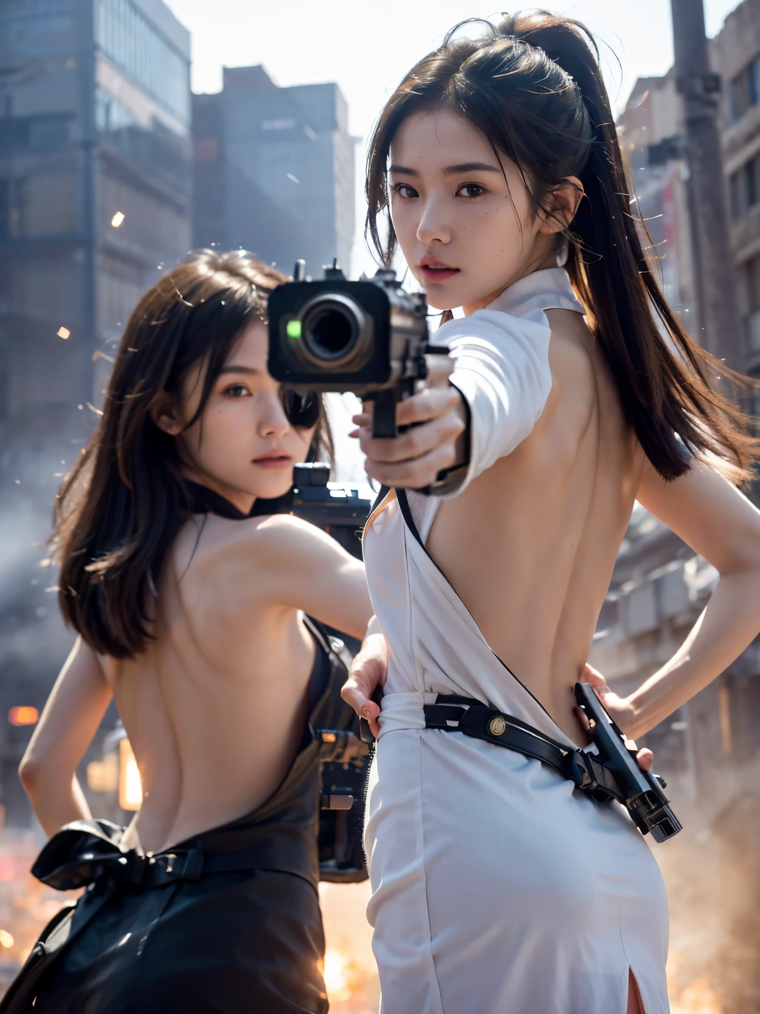 Highest quality, Realistic, (Photo Realistic:1.35), Award-winning photography, (Intricate details), (Subtle details), (Intricate details), (Cinematic Light), Sharp focus, 

((2girl)), ((Beautiful twin)), 
((posing with their backs together:1.45)),
((gun aiming at viewer:1.40)), 
break 

(wearing matching  coats), 
Twin sisters wearing matching elegant coats, 

((Small Face Beauty)), 
(Hair blowing in the wind), 
(Eyes chasing prey), 
beautiful face, detailed face, 
An exceptionally beautiful face, 
Perfect Human Anatomy, 
Transparent soft white skin, 
break 

((battlefield)), (Destroyed rubble, collapsed buildings, gunfire, explosions), 

(cinematic lighting), 
light particles, 
shine, glint,
Expressing emotions, 
Have a rich imagination,
Professional Lighting, 
Professional photographer, 

(depth of field:1.30), 
