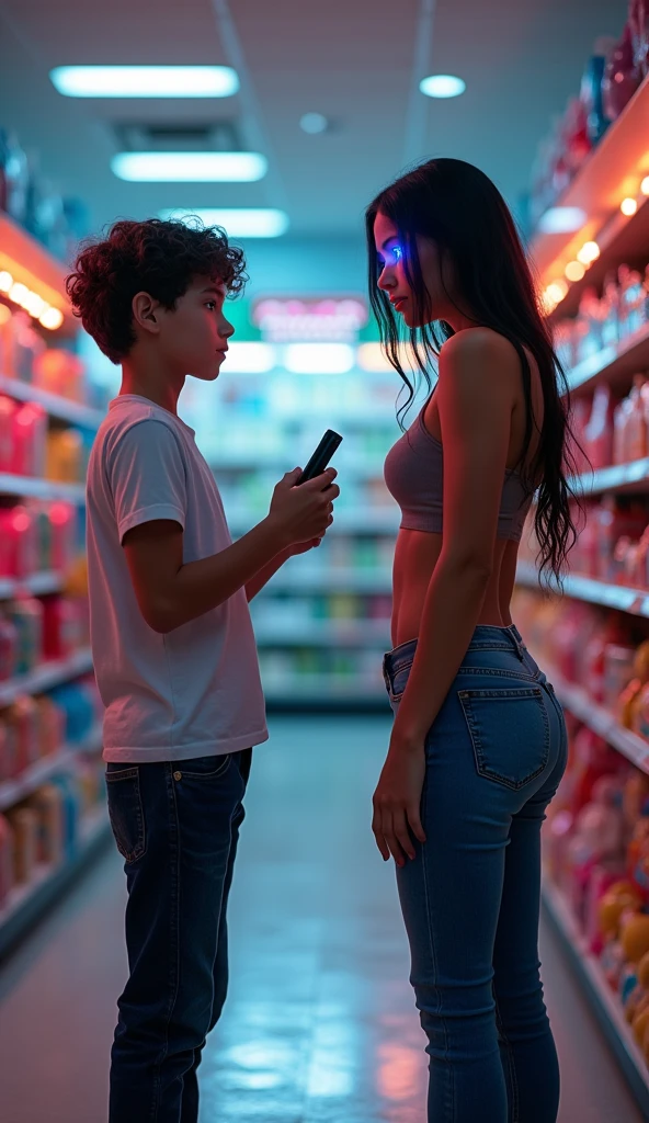 boy shopping with sexy woman wearing tight leggings with perk ass in toy shop, the boy asked the sexy woman for a toy by hypnotizing the woman, the boy controls the woman with a remote control in his hand, the woman's eyes glowed blue because they were controlled by the boy
