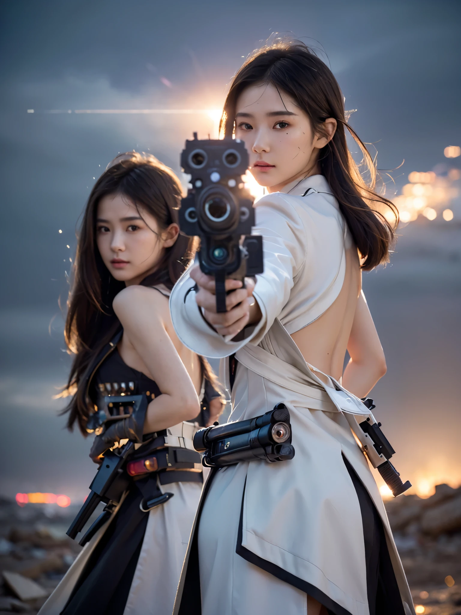 Highest quality, Realistic, (Photo Realistic:1.35), Award-winning photography, (Intricate details), (Subtle details), (Intricate details), (Cinematic Light), Sharp focus, 

((2girl)), ((Beautiful twin)), 
((posing with their backs together:1.45)),
((gun aiming at viewer:1.40)), 
break 

(wearing matching  coats), 
Twin sisters wearing matching elegant coats, 

((Small Face Beauty)), 
(Hair blowing in the wind), 
(Eyes chasing prey), 
beautiful face, detailed face, 
An exceptionally beautiful face, 
Perfect Human Anatomy, 
Transparent soft white skin, 
break 

((battlefield)), (Destroyed rubble, collapsed buildings, gunfire, explosions), 

(cinematic lighting), 
light particles, 
shine, glint,
Expressing emotions, 
Have a rich imagination,
Professional Lighting, 
Professional photographer, 

(depth of field:1.30), 
