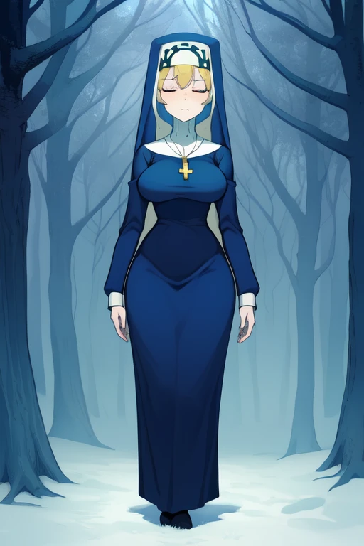 Double, short blonde hair, nun uniform, medium breasts, solo, 1girl, cowboy shot, closed eyes, 
 blue habit, cross necklace ,white gloves, long sleeves, nun, long skirt, sad look, cold, forest 
(insanely detailed, beautiful detailed face,beautiful detailed eyes, masterpiece, best quality), standing, feet getting stuck 