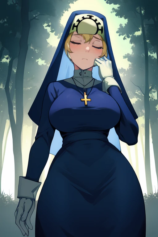 Double, short blonde hair, nun uniform, medium breasts, solo, 1girl, cowboy shot, closed eyes, 
 blue habit, cross necklace ,white gloves, long sleeves, nun, long skirt, sad look, cold, forest 
(insanely detailed, beautiful detailed face,beautiful detailed eyes, masterpiece, best quality), standing, skirt got stretched 