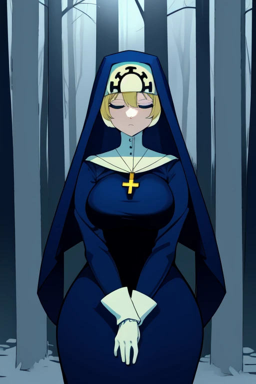 Double, short blonde hair, nun uniform, medium breasts, solo, 1girl, cowboy shot, closed eyes, 
 blue habit, cross necklace ,white gloves, long sleeves, nun, long skirt, sad look, cold, forest 
(insanely detailed, beautiful detailed face,beautiful detailed eyes, masterpiece, best quality), standing, skirt got stretched 