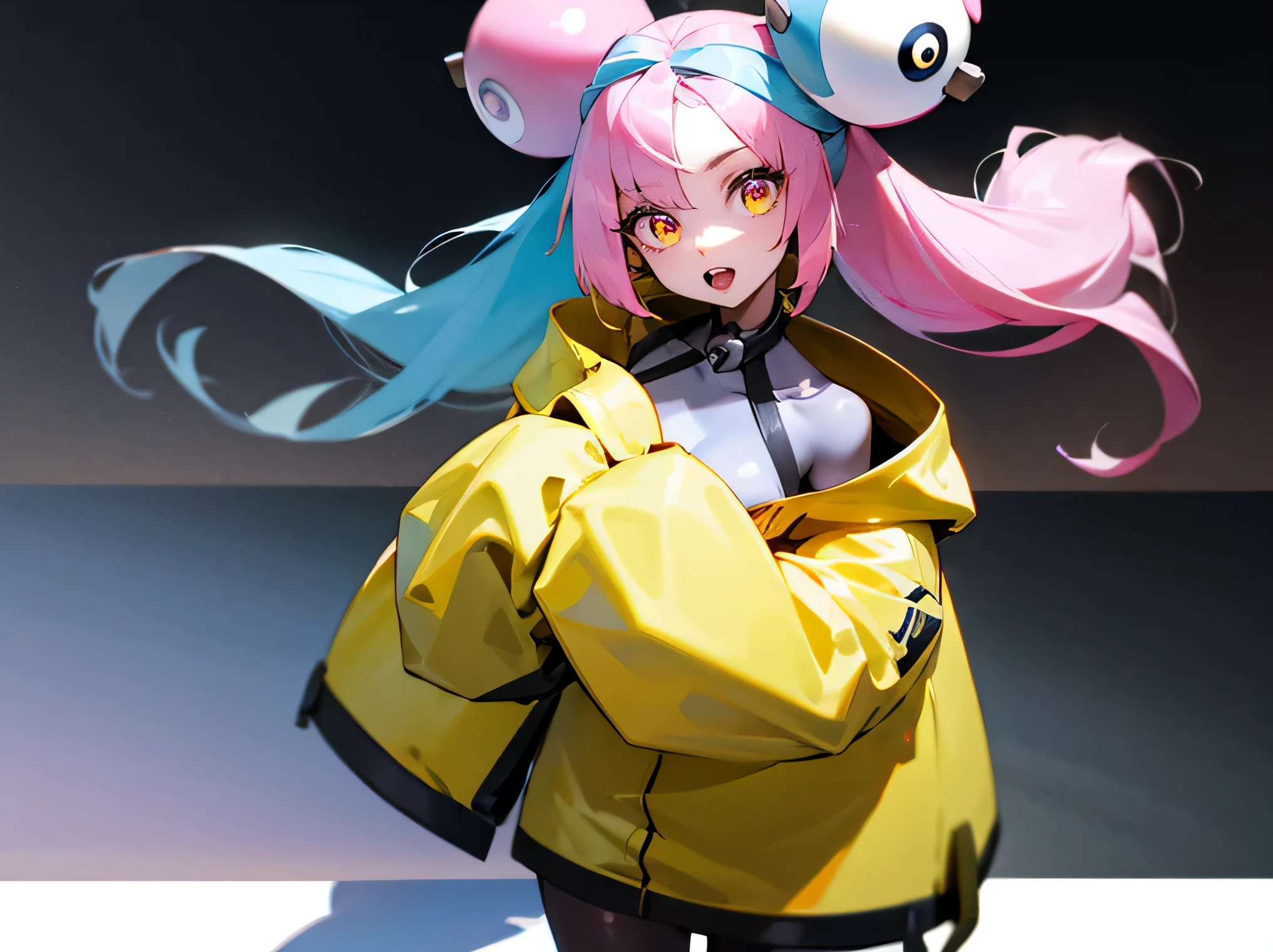 pokemoniono, pokemon iono, blue hair, bow-shaped hair, character hair ornament, hair ornament, long hair, low-tied long hair, multicolored hair, pink hair, sharp teeth, split-color hair, twintails, two-tone hair, (pink eyes:1.5), open mouth,
BREAK asymmetrical legwear, bell, bow-shaped hair, character hair ornament, hexagon print, oversized clothes, pantyhose, single leg pantyhose, split-color hair, jacket, (yellow jacket:1.5),
BREAK looking at viewer, upper body, full body, (cowboy shot:1.5),
BREAK outdoors, nature, sky,
BREAK (masterpiece:1.2), best quality, high resolution, unity 8k wallpaper, (illustration:0.8), (beautiful detailed eyes:1.6), extremely detailed face, perfect lighting, extremely detailed CG, (perfect hands, perfect anatomy),