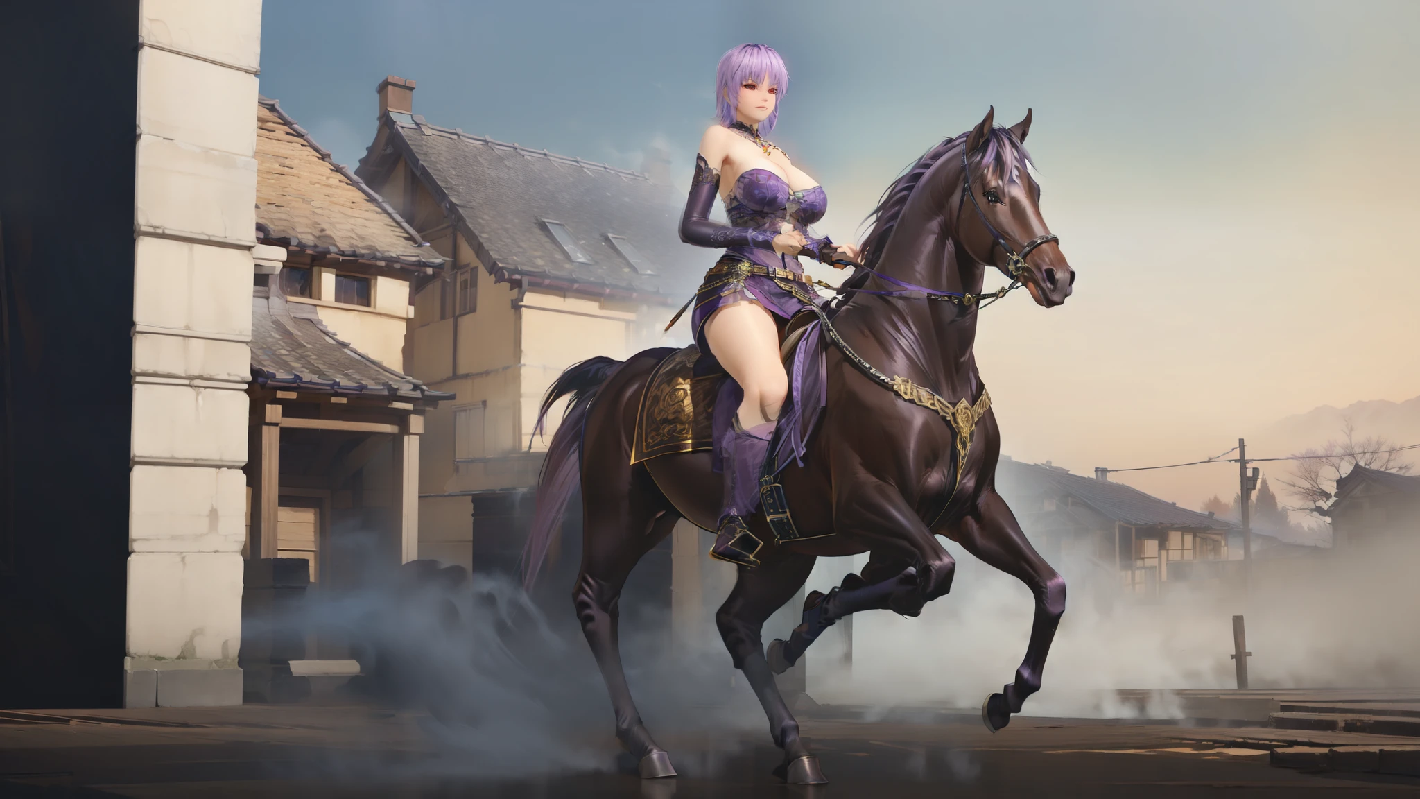 ((best quality)), ((masterpiece)), (high detailed), 8k, cinematic lighting, perfect face, large breast, cleavage, ayane riding a HORSE, (ayane, short hair, {purple hair}, red eyes), BREAK, (purple armor, purple pauldron, purple miniskirt, bare legs, purple boots), (brown horse, saddle, reins, bridle, stirups), solo, in mountainside, both hand holding rein, from side: 1.2, anatomically correct 