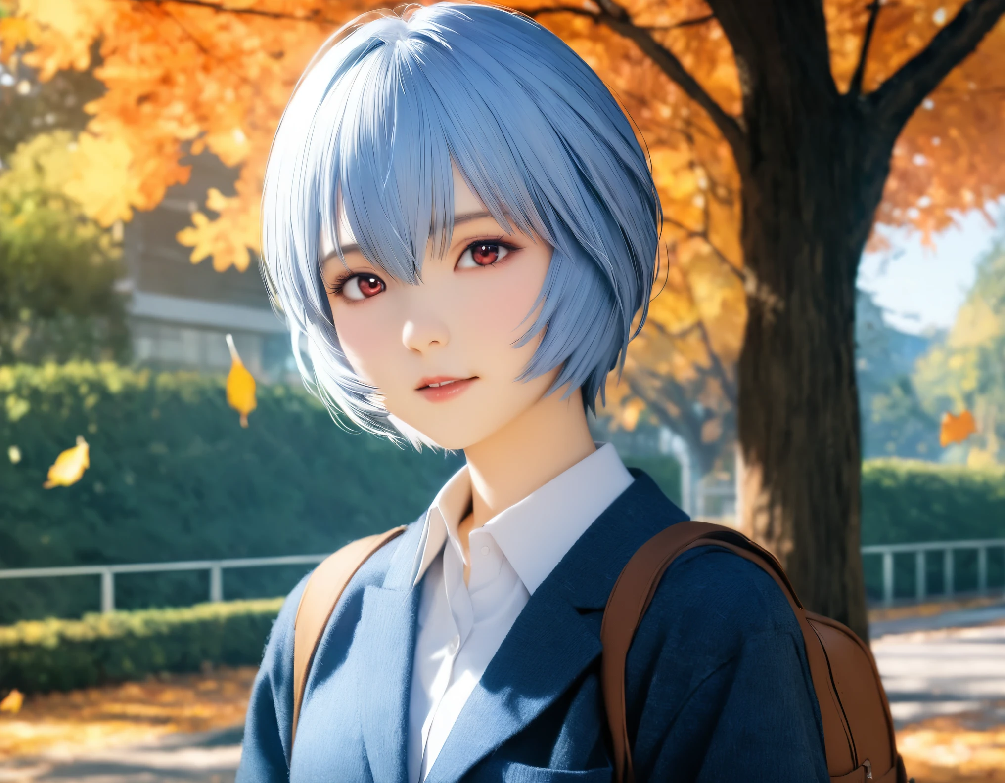 (best quality, 8k, high resolution:1.2), 1girl, ayanami_rei, attending school, autumn, upper body