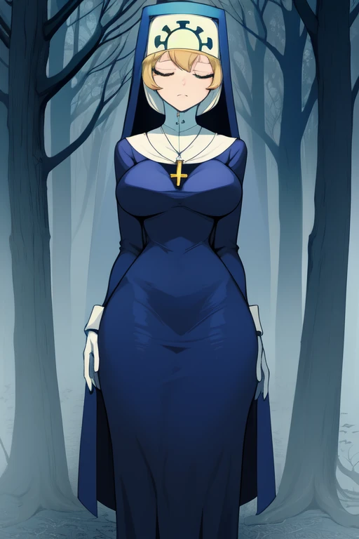 Double, short blonde hair, nun uniform, medium breasts, solo, 1girl, cowboy shot, closed eyes, 
 blue habit, cross necklace ,white gloves, long sleeves, nun, long skirt, sad look, cold, forest 
(insanely detailed, beautiful detailed face,beautiful detailed eyes, masterpiece, best quality), standing, feet getting stuck 