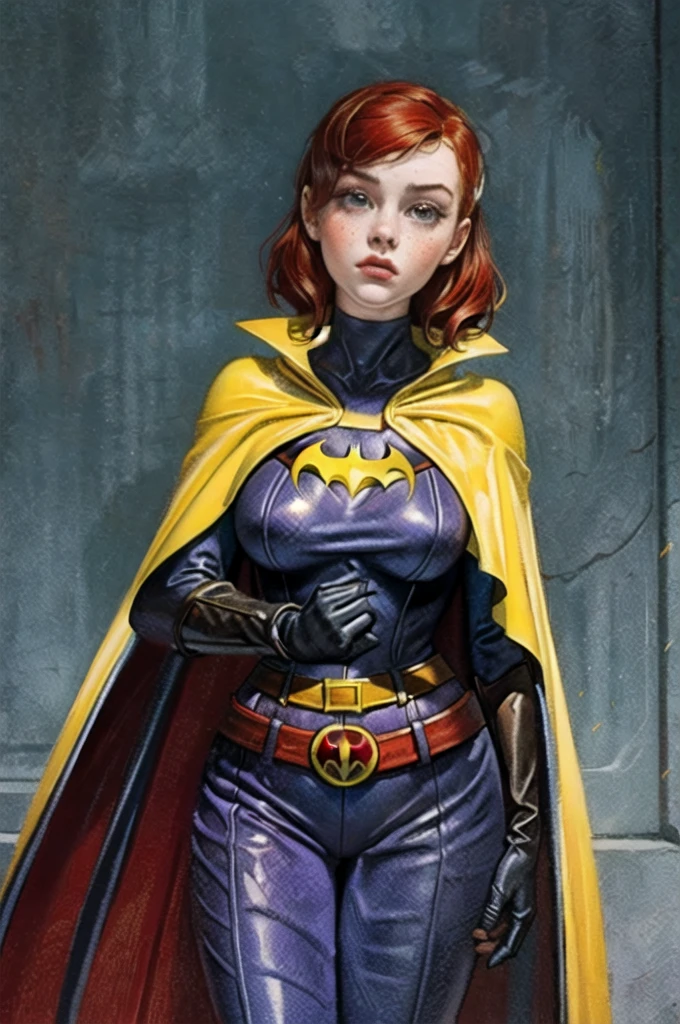 one person, one woman, a drawing, a painting, illustration, EdgarDegras, detailed woman portrait with black hair, 18 year old woman, sadie sink, red hair, freckles, pubic hair, perfect nipples, perfect vulva, glistening skin, batgirl costume, yellow purple and gray costume, batgirl, classic batgirl, purple jumpsuit, yellow belt, yellow cape, batgirl cape, enormous breasts, big fake tits