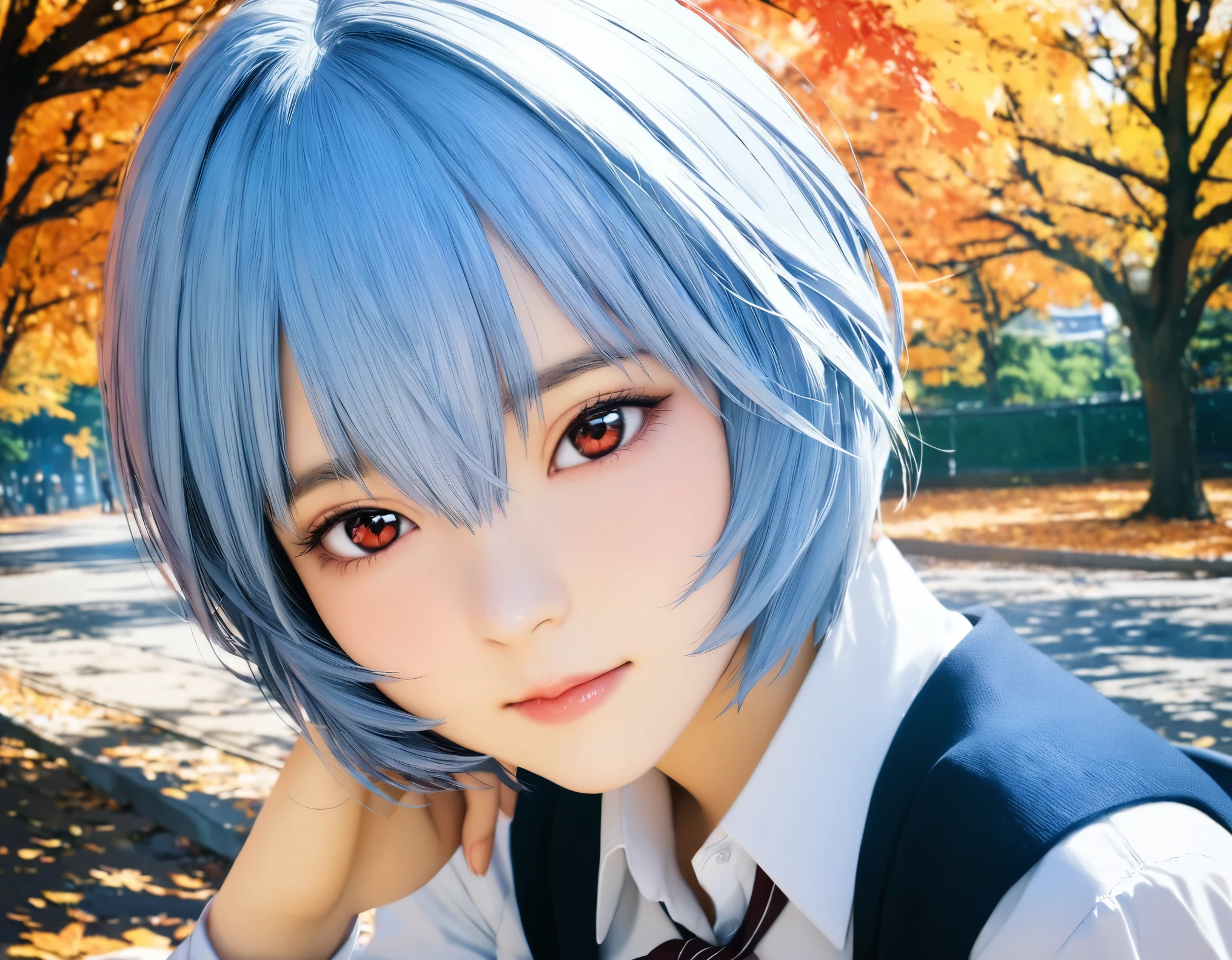 (best quality, 8k, high resolution:1.2), 1girl, ayanami_rei, attending school, autumn, upper body