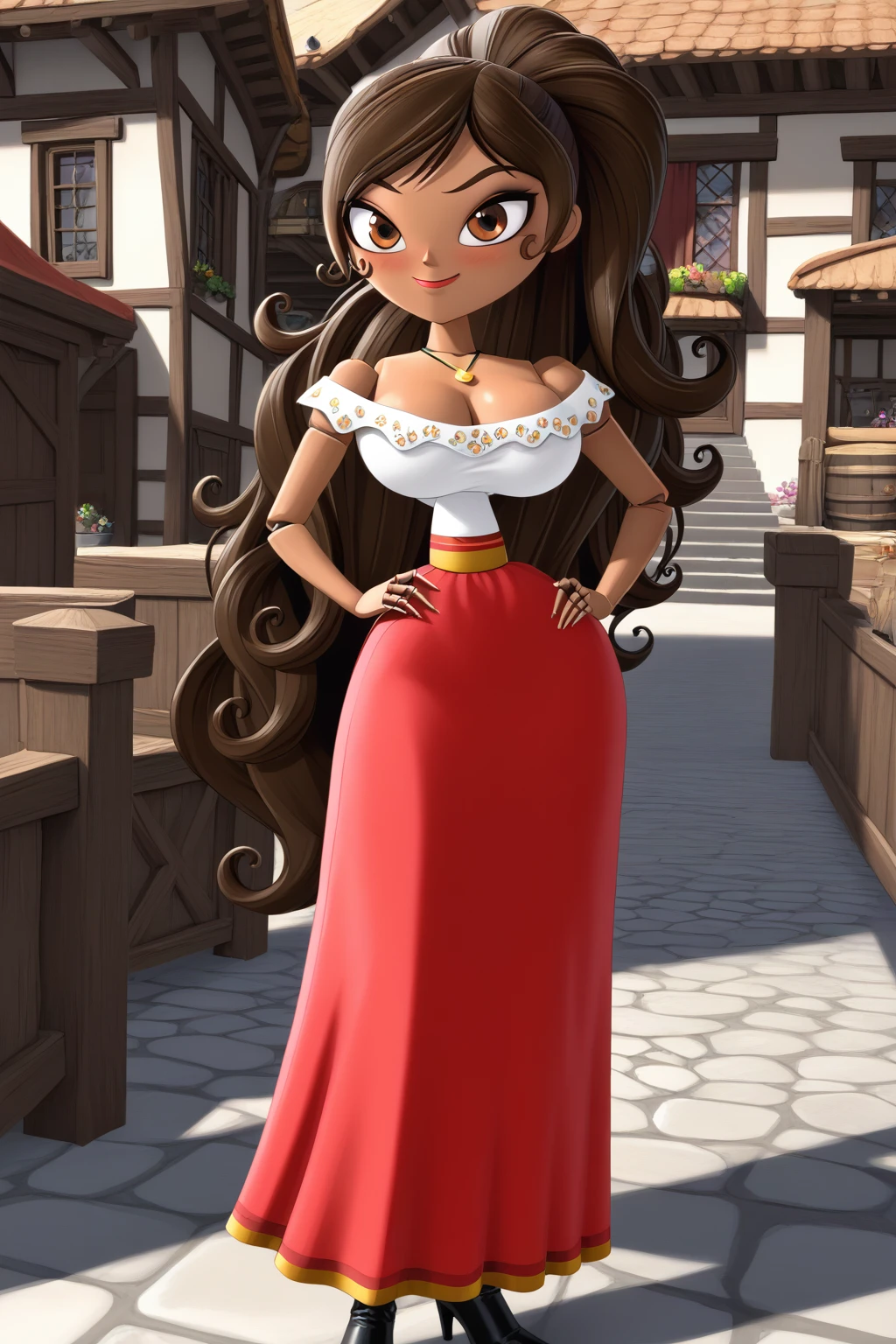 1girl, long hair, ponytail, joints, dark skin, Brown Hair, village, day, embarrassed face, smile, super blushing, Big breasts, dark skin, solo, 1 girl, looking at viwer, front view, standing, wood skin, necklace, cleavage, bare shoulders, off shoulder, white blouse, red skirt, Long skirt, black boots heels, Brown skin, pov front view, front view, sexy body, front view, pov front view