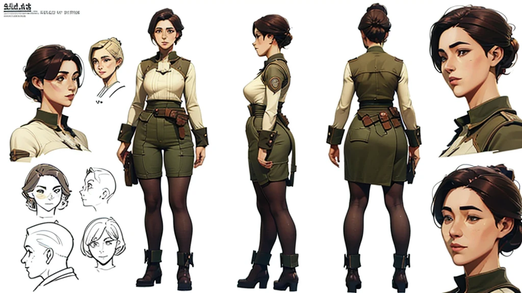 ((character design sheet, same character, front view)), (full body), Sci-fi, Decopunk, (masterpiece), (Best quality), (perfect face), illustration, 1girl, technician outfit, tool belts, mature age, (thick thighs), detailed hair, pretty face, happy, plain background