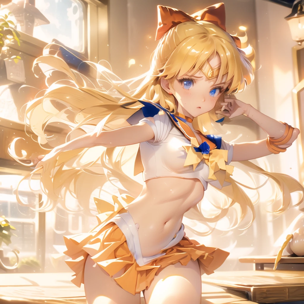 Sailor Moon Venus ，Sailor Suit，Orange Miniskirt ，The clothes are torn，Exposing breasts，Close your eyes，weak，Open your mouth slightly， painful expression，Long blond hair，Weaken the background， to reveal nipples，Random pose， 1 Girl , Scream，Close your eyes，Open mouth，Revealing two long white legs