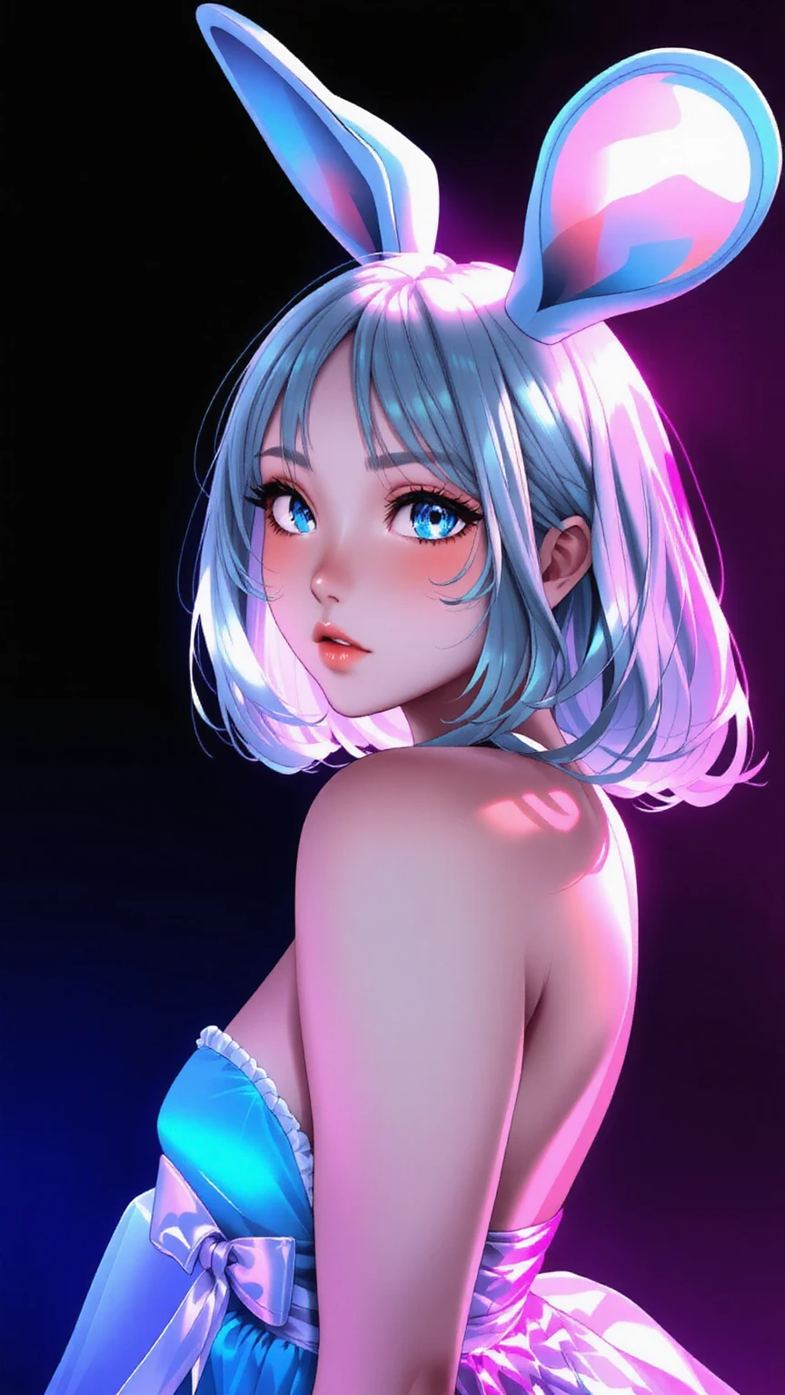 One girl, Medium Hair, silver hair, blue long dress, blue Bunny ears , She has large expressive blue eyes,Backlight, Black Light, Beautiful fine details, Beautiful lip detail, Beautifully detailed face, Long eyelashes, Glowing Skin, Mysterious, Mysterious, Surreal, Dramatic lighting, neon, UV rays, psychedelic, Vibrant colors, High resolution, Cinematic, Atmospheric, Harajuku Fashion Akihabara, Transparent color PVC clothing, Transparent Color Vinyl Clothing, Prismatic, Holographic, chromatic aberration, Colorful gradient, big breasts, cleavage, solid black background,
